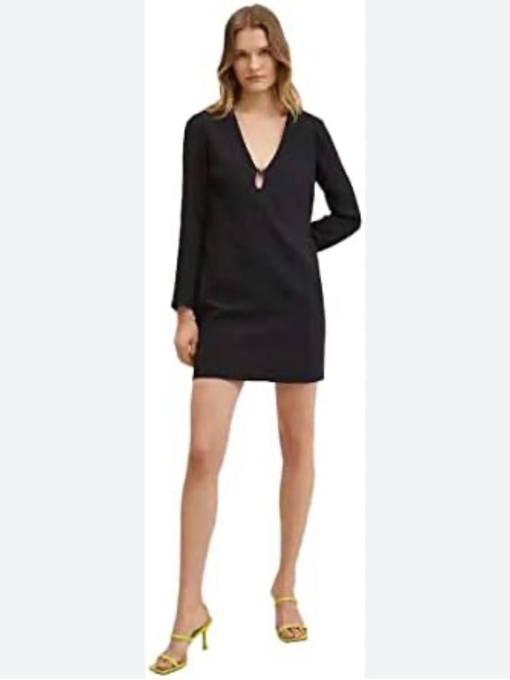 MNG Mango Black Low V-Neck Bead Ball Mini Shift Dress 6 Minimalist LBD